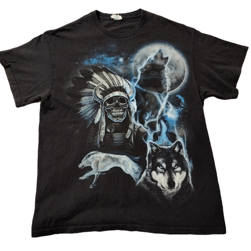 Vintage Ghost Skull Native American Indian Full Moon and Wolves Graphic Tee